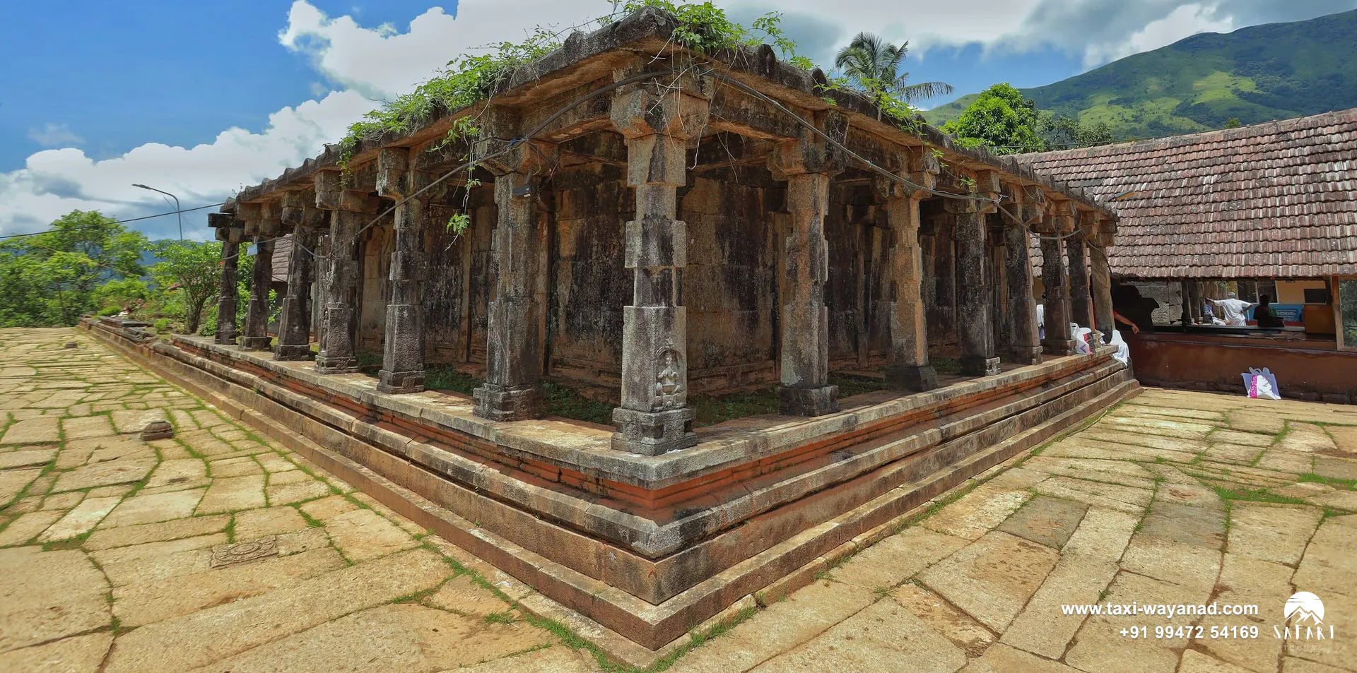 Granite pillared hall in the stone courtyard of Thirunelli Temple below the Brahmagiri hills, Wayanad