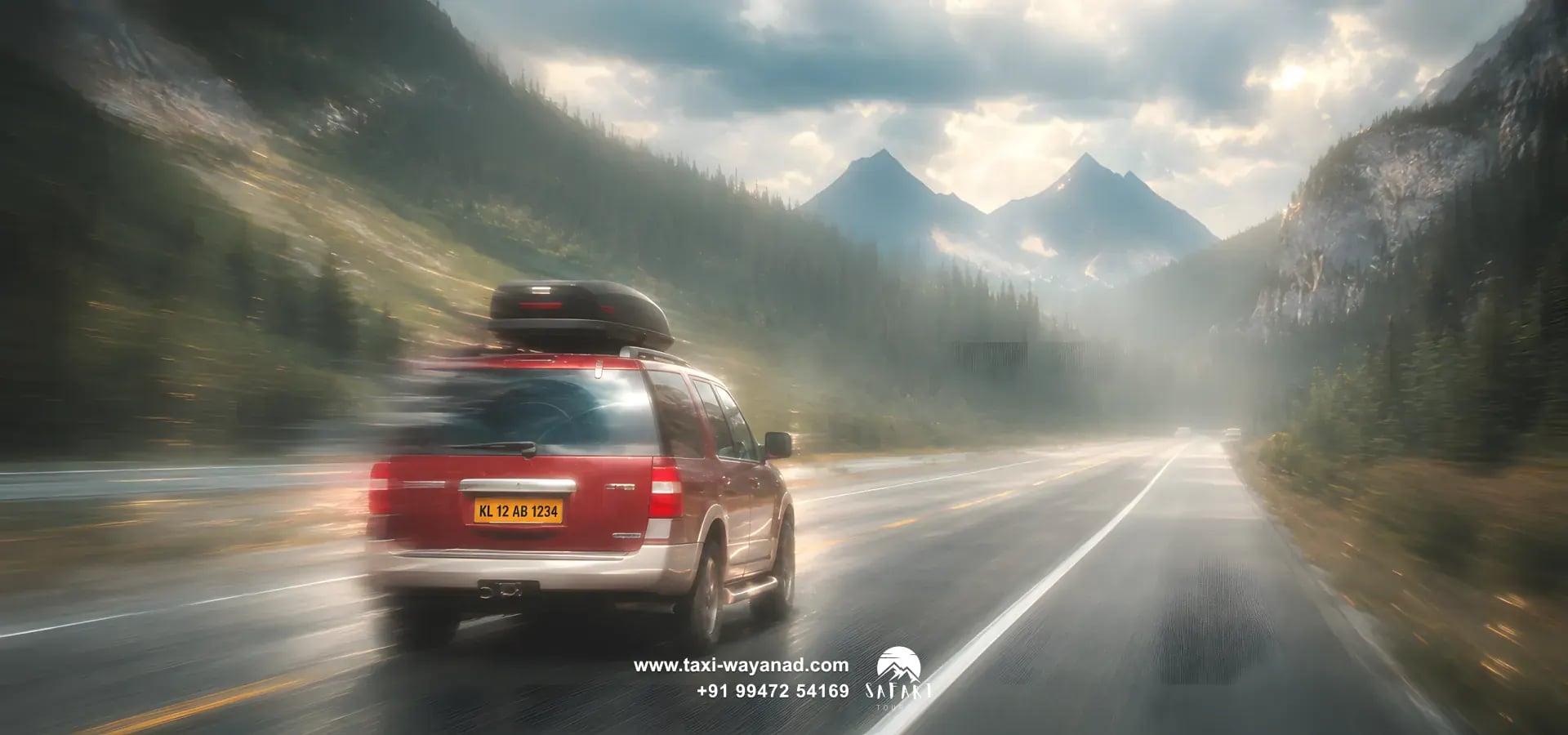 SUV with a roof box on a misty mountain highway: outstation taxi from Wayanad