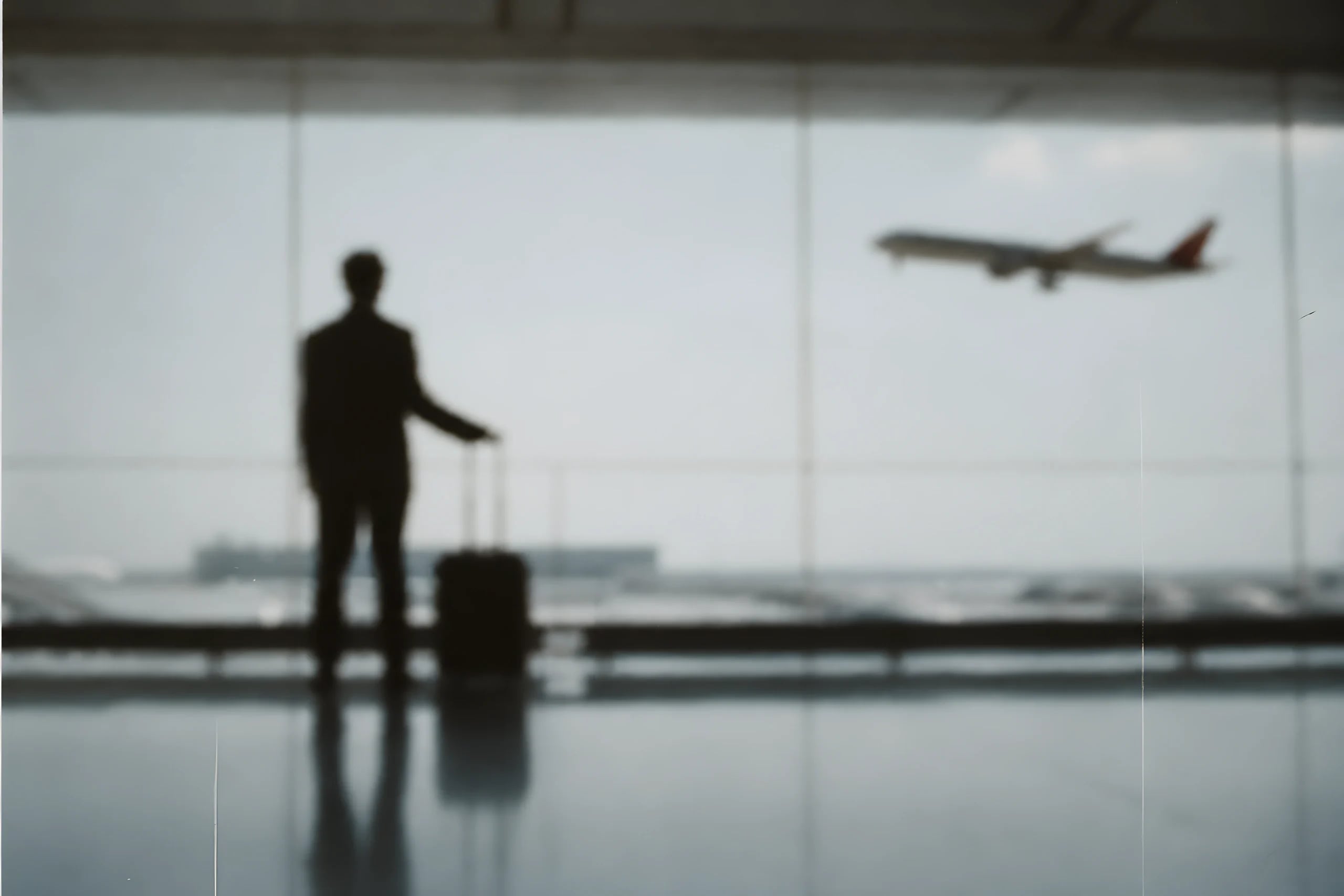Traveller with a suitcase watching a plane take off: airport taxi from Calicut and Kannur to Wayanad