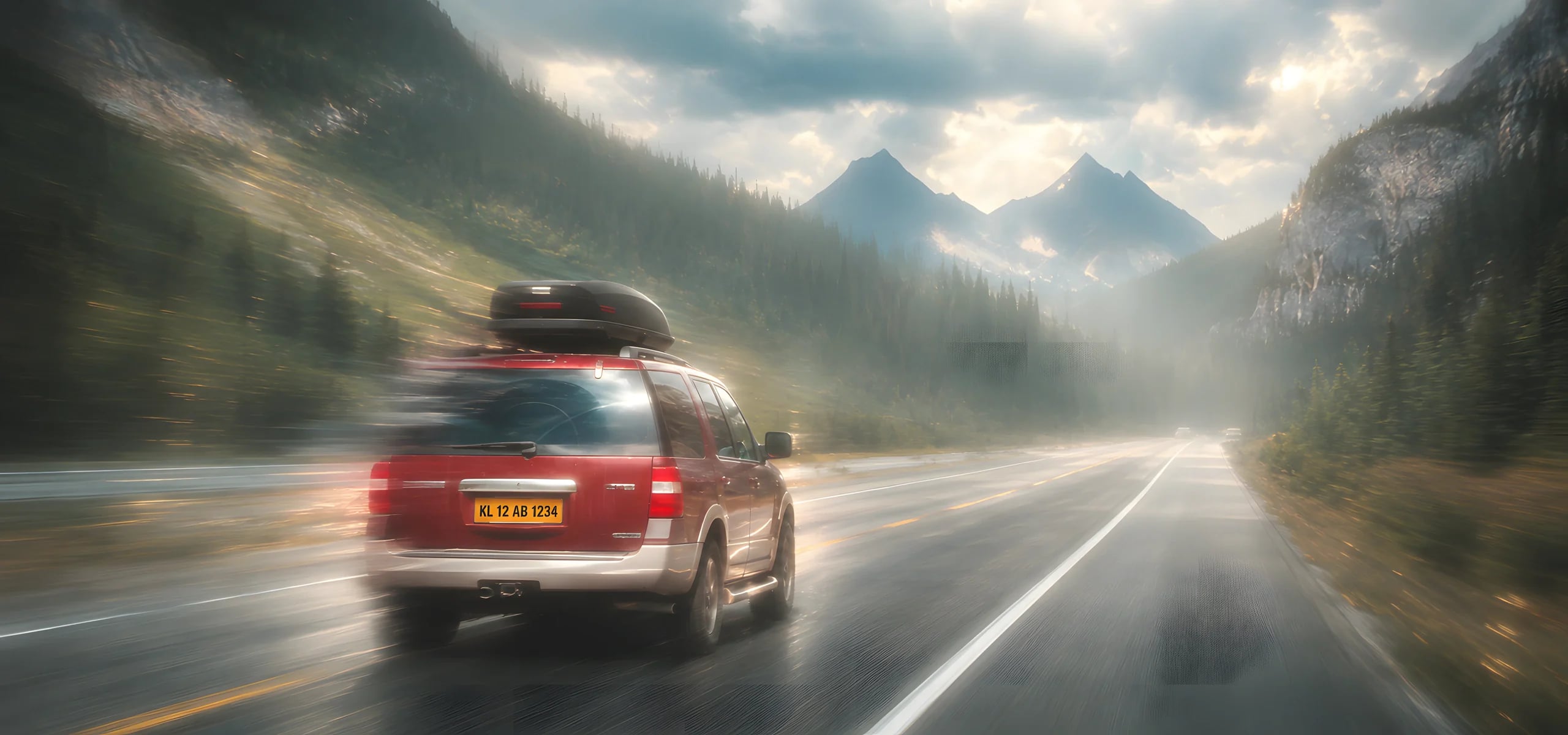 Red SUV on a misty mountain highway: outstation taxi from Wayanad to Bangalore and Mysore