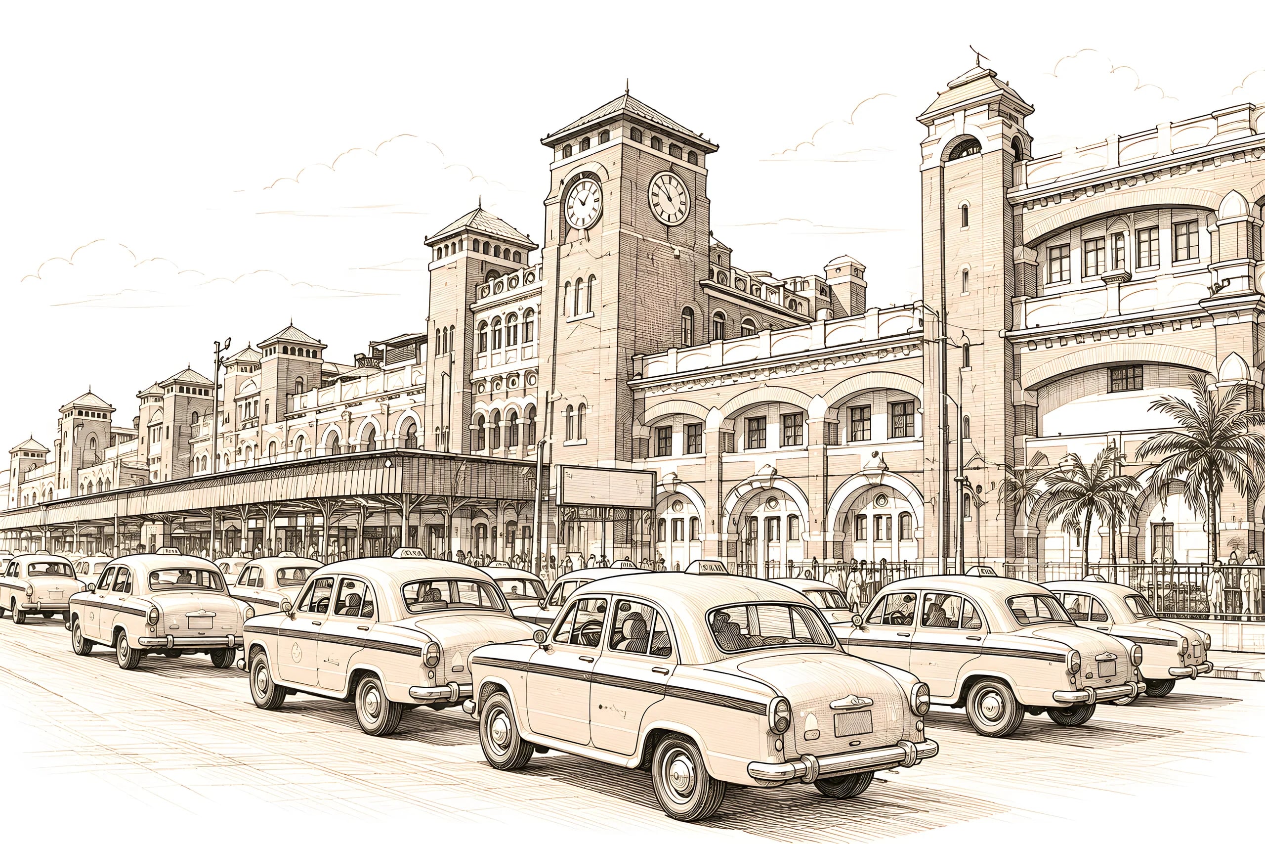 Taxis waiting outside a historic railway station: railway station taxi to Wayanad