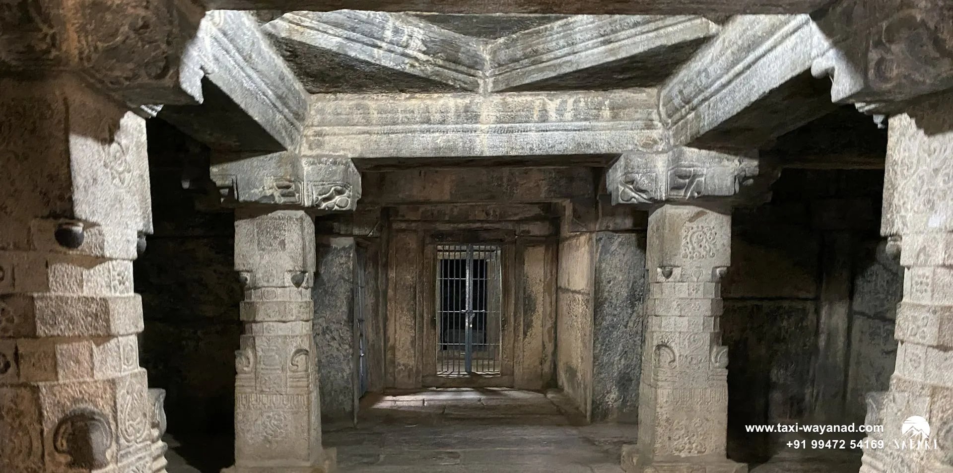 Carved stone doorway and pillars leading to the inner shrine of the Jain temple, Sulthan Bathery, Wayanad