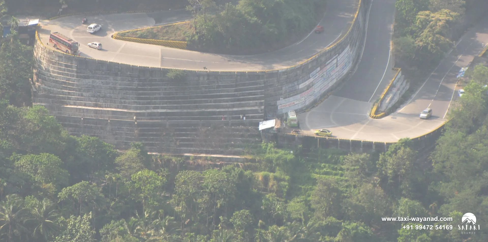 A hairpin bend of the Thamarassery ghat road in mist below Lakkidi, Wayanad