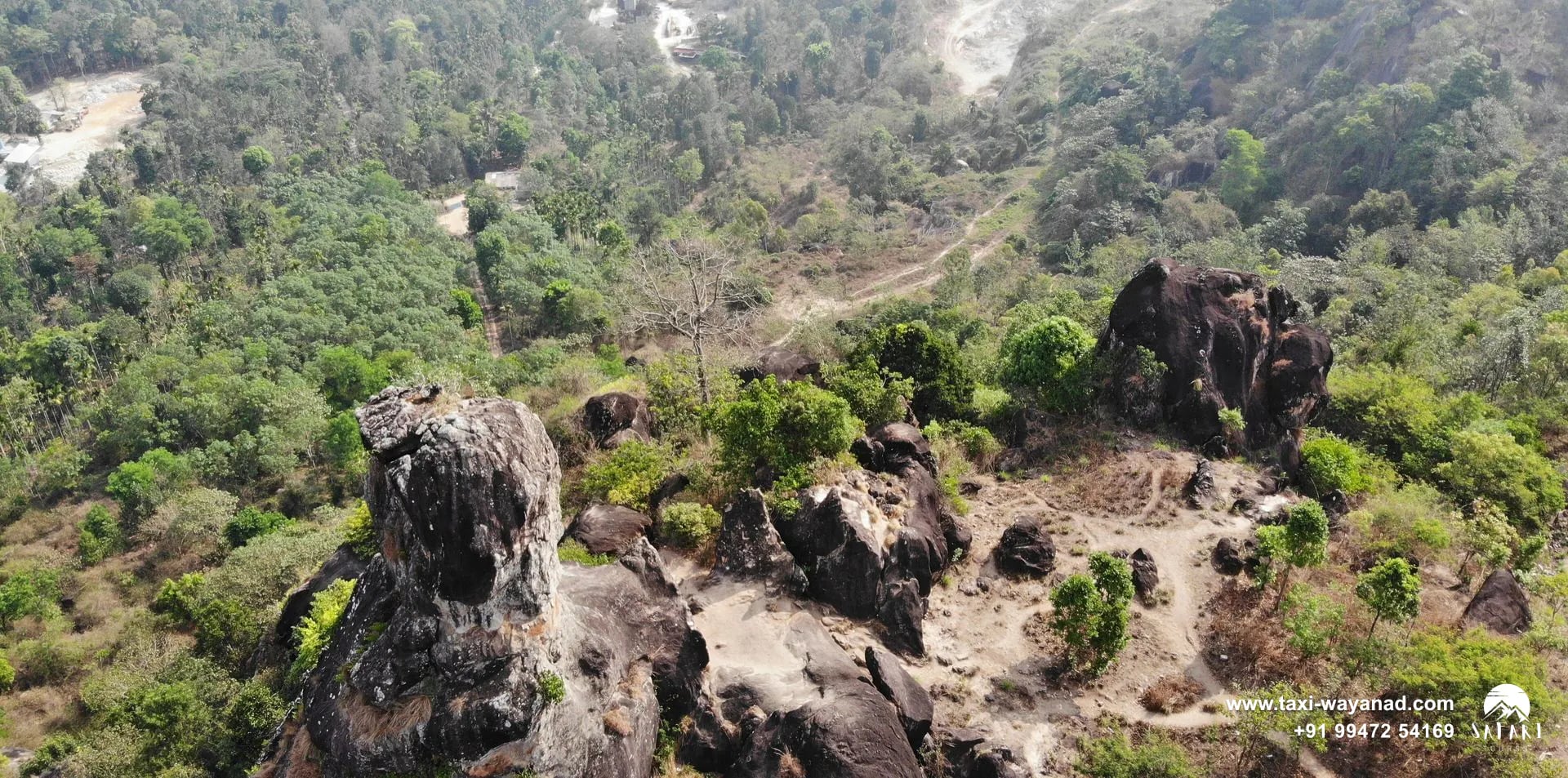 Aerial view of Phantom Rock and the surrounding boulders and quarries, Wayanad
