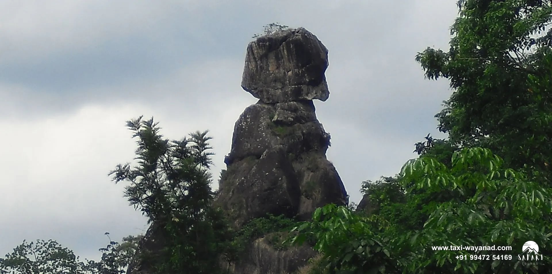 Phantom Rock framed by trees on a cloudy day, Wayanad