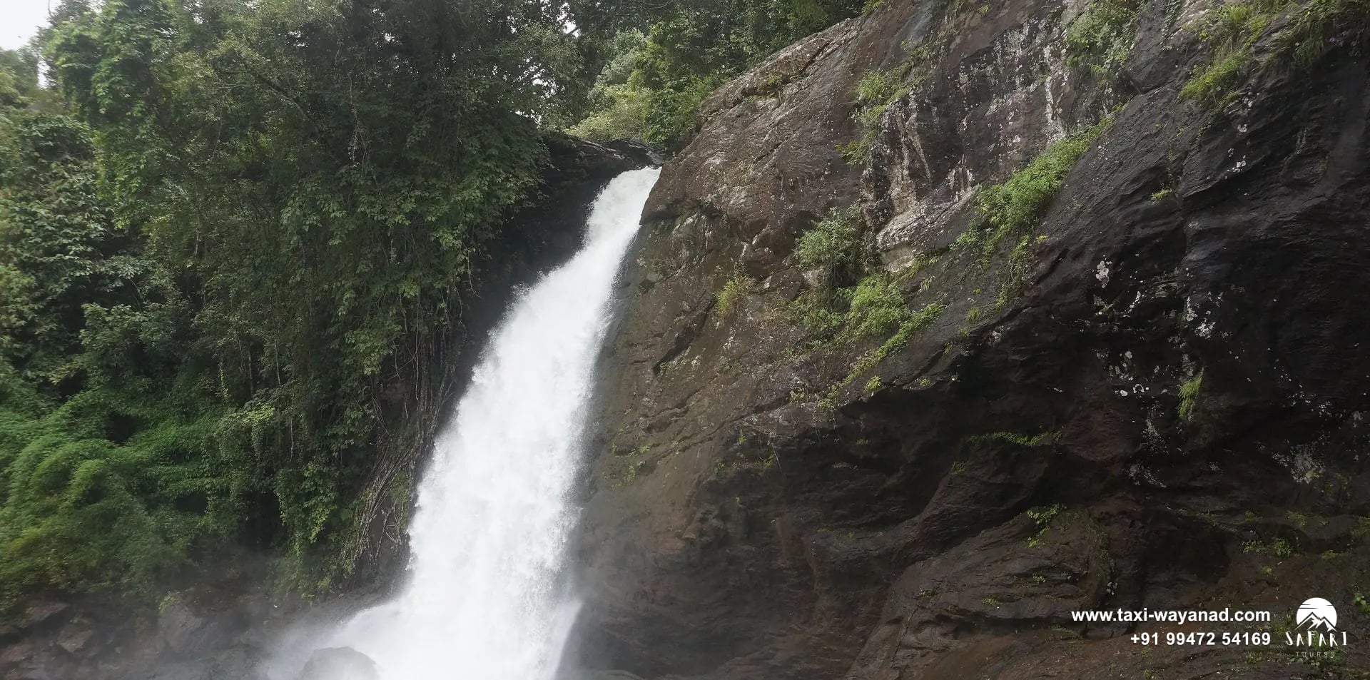 Soochipara Waterfalls in heavy flow between forest and a dark cliff, Wayanad